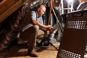 hvac technician evaluating the furnace in an attic