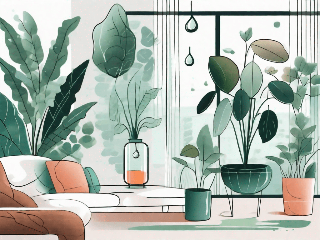 A balanced scale with a water droplet on one side and a healthy houseplant on the other