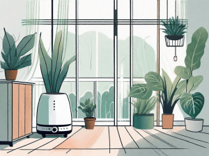 An indoor setting with elements like a humidifier