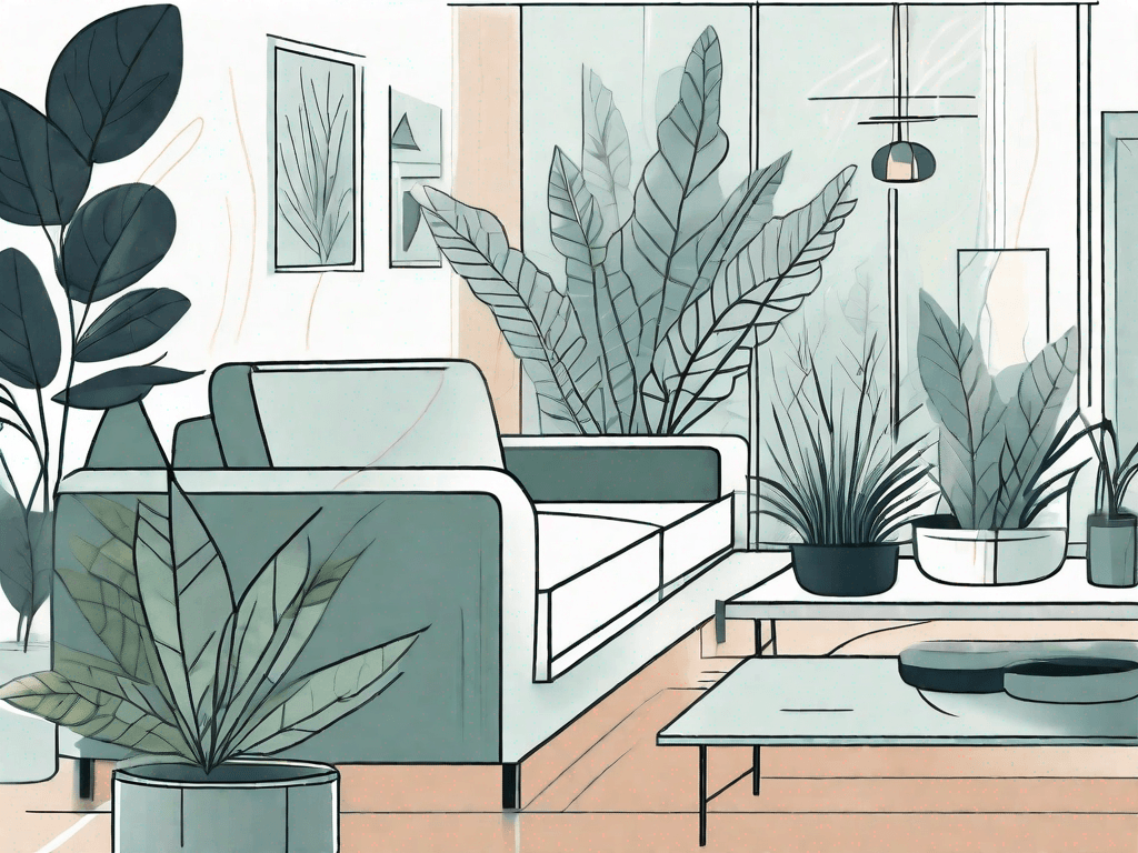 Various houseplants placed around a modern living room